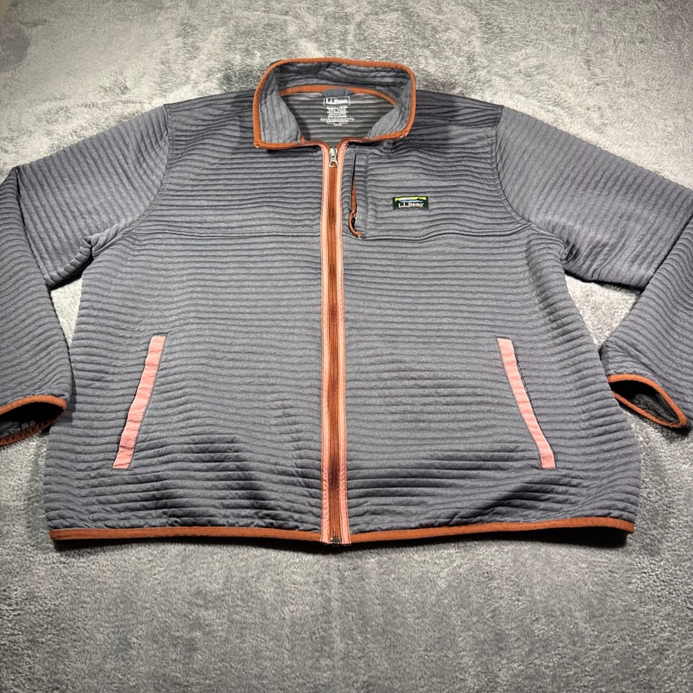 LL Bean Mens Ridge Fleece Full Zip Jacket Gray Orange XXL 520414 Slightly Fitted